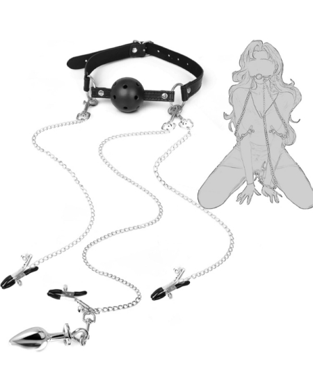 BDSM 4’ü 1 Arada Bondage Seti – Ağızlık, Klipsler ve Anal Plug Zincir