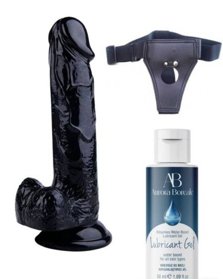 Censan Belden Bağlamalı Kayganlaştırıcı Set Noctis 20cm Siyah Dildo No:17