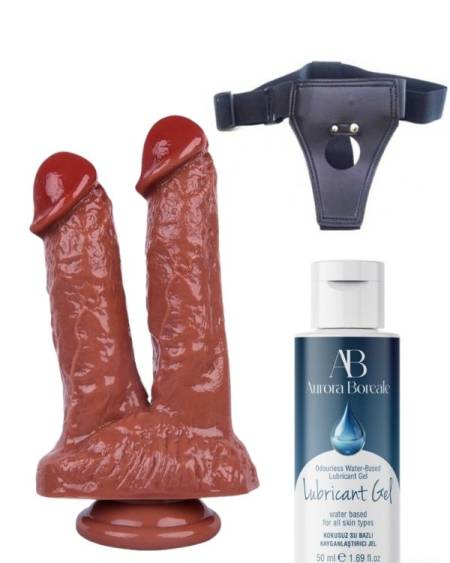 Censan Belden Bağlamalı Kayganlaştırıcı Set Noctis 21cm Kahverengi Çiftli Dildo No:61