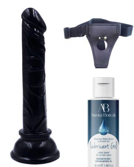 Censan Belden Bağlamalı Kayganlaştırıcı Set Siyah Renk Gerçekçi 15CM Anal Dildo