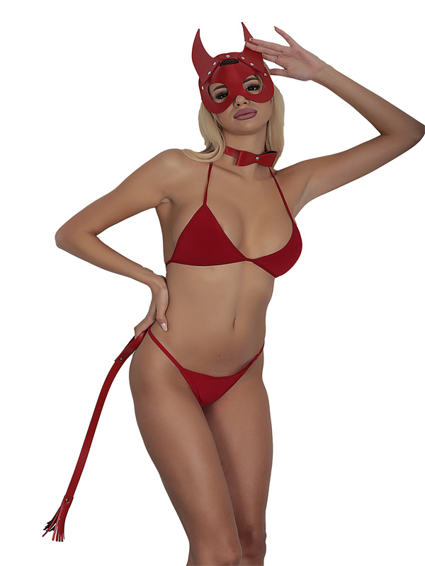 Censan Kırmızı Maskeli Deri 3'lü Harness Set Takım + İç Çamaşır Takımı - Görsel 3