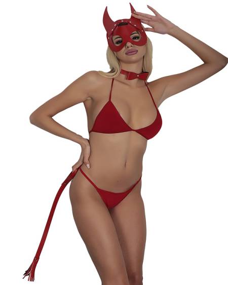 Censan Kırmızı Maskeli Deri 3'lü Harness Set Takım + İç Çamaşır Takımı