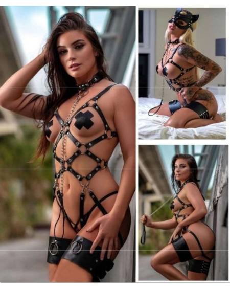 CENSAN Siyah Boyunluk ve Tasma Detaylı Özel Bacak Tasarımlı Seksi Bodysuit