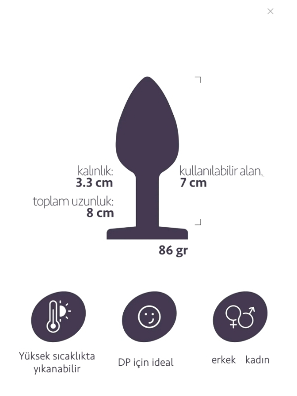 Paslanmaz Çelik Anal Plug Tıkaç Mor Taşlı - Görsel 2
