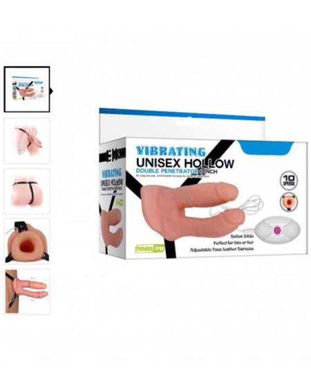 Unisex Çift Taraflı 15.2cm İçi Boş Belden Bağlamalı Titreşimli Protez Penis